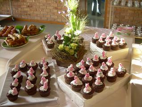 Marzipan pigs on chocolate cup cakes for the Durbanville Flower Club tea