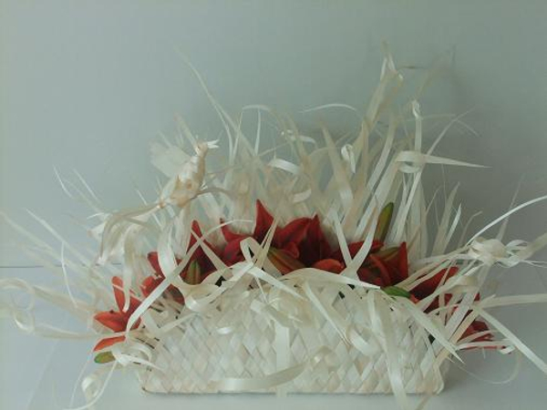 Kyogi paper bird and fan nest basket with burgendy lilies