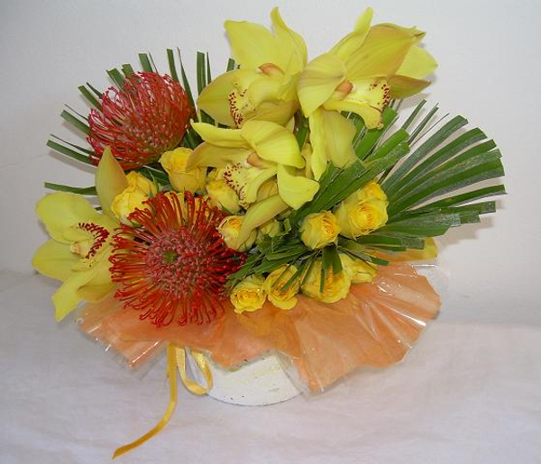 Cymbidium orchid arrangement in a Papier Mache container