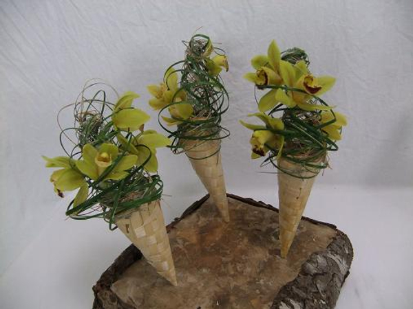 Display the orchid ice cream cones on a bark and paper covered Styrofoam stand