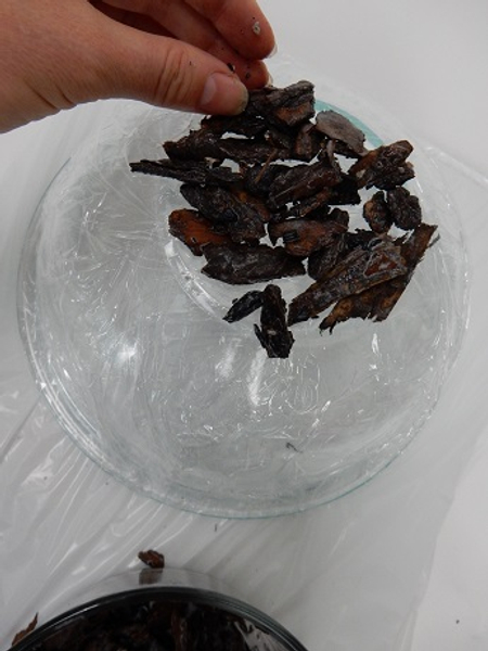 Slowly build up the bowl shape by adding the sticky bark chips one by one