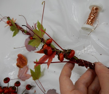 Rolled Autumn leaf and Rose Hip Garland