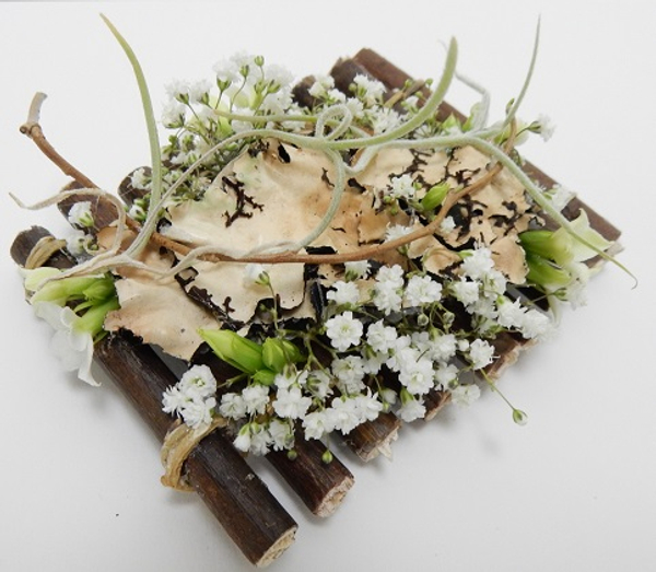 Willow twigs, Lichen, Spanish Moss, Kalanchoe and Gypsophila corsage