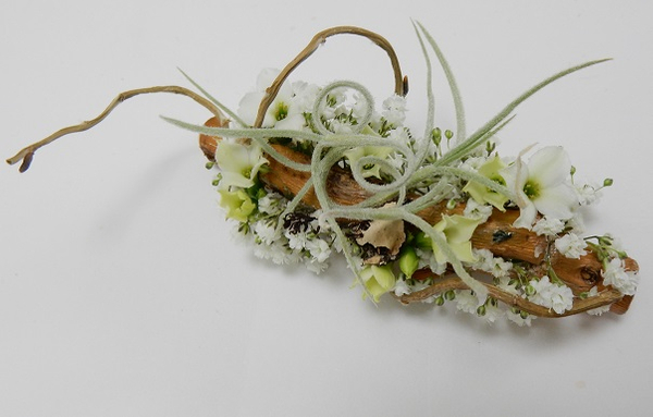 Willow twig, Lichen, Spanish Moss, Kalanchoe and Gypsophila corsage