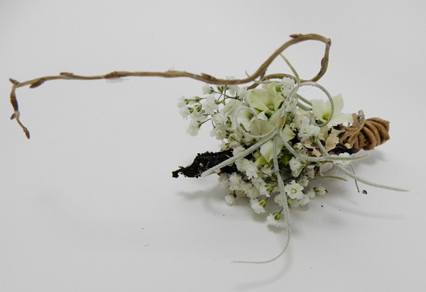 Willow twigs, Lichen, Spanish Moss, Kalanchoe and Gypsophila corsage