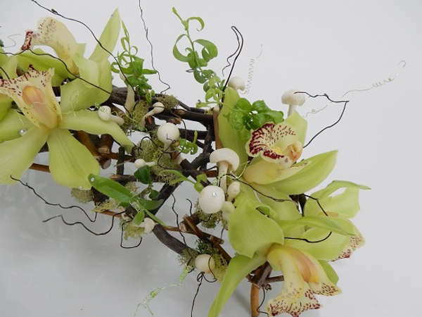 Cymbidium orchids and mushroom on twigs