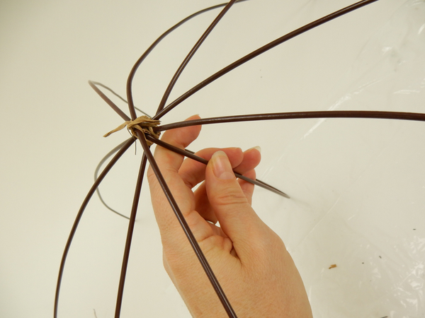 To weave the willow through the wires you need an uneven number of wires so after securing it in the middle with bind wire bend one of the legs in for a handle. To weave the willow through the wires you need an uneven number of wires so after securing it in the middle with bind wire bend one of the legs in for a handle.