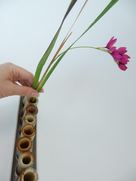 Stand the flowers upright in the stem cavity of the bamboo in the shallow container