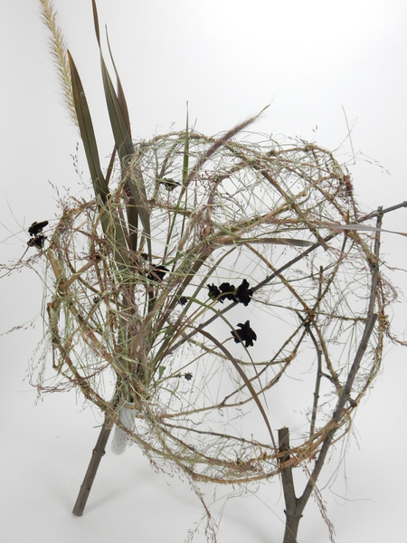 Valuable cosmos flowers framed in a twig cup