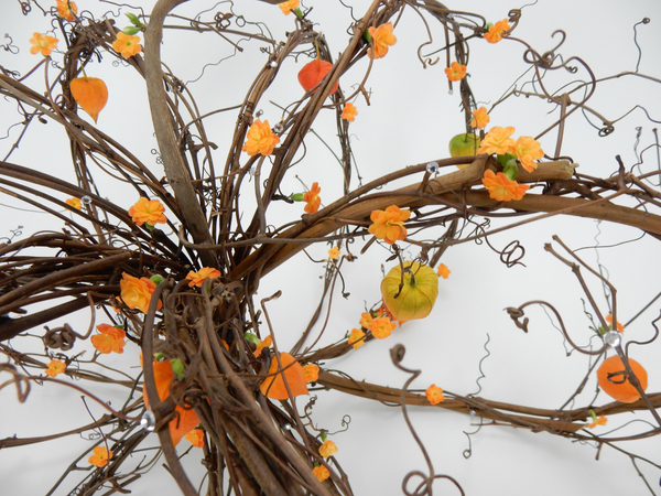 Kalanchoe and Physalis on a tendril Autumn wreath pumpkin