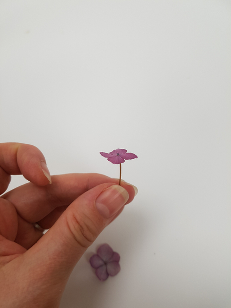 Glue hydrangea florets onto thin twigs to create a stem.