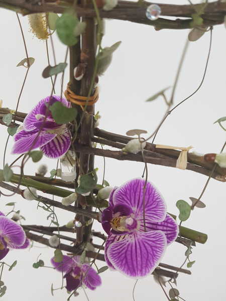 Phalaenopsis, rosary vine and pussy willow contemporary floral design