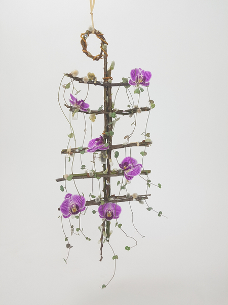 Phalaenopsis, rosary vine and pussy willow floral mobile