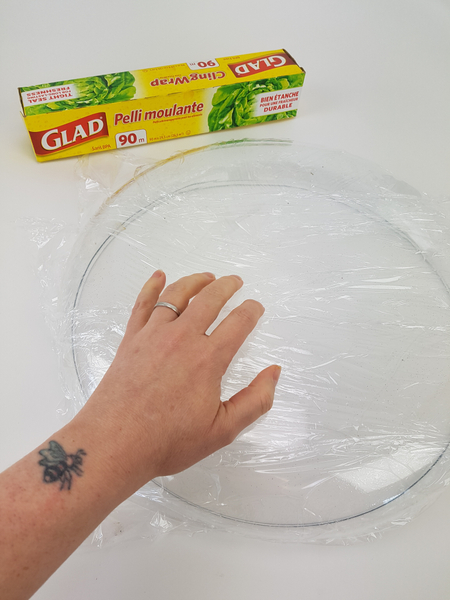 Cover a shallow container with plastic wrap