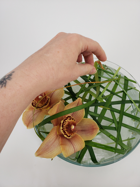 Add a few mature grass curls to mirror the sun colour of the orchids