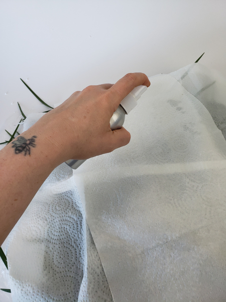 Place a layer of kitchen paper towels over the project and spritz it with water Place a layer of kitchen paper towels over the project and spritz it with water