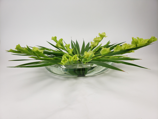 Gladiolus flower spikes in a foam free flower arrangement design