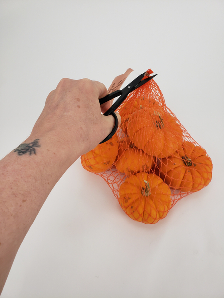 Cut the net bag open on one end and remove the pumpkins Cut the net bag open on one end and remove the pumpkins
