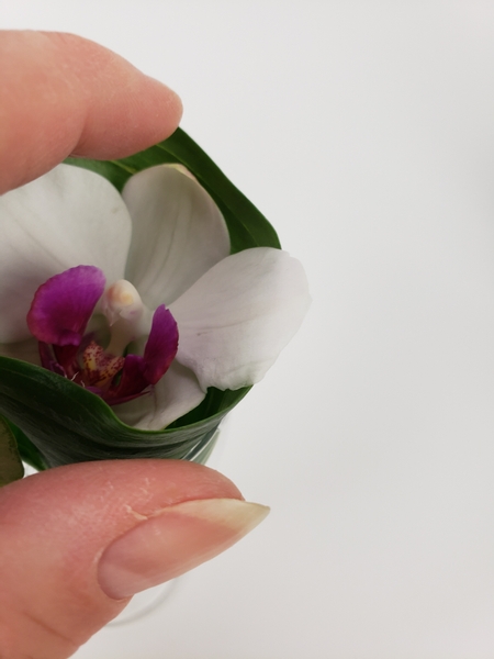 Slip the orchid deep into the leaf so that it is hydrated in the water