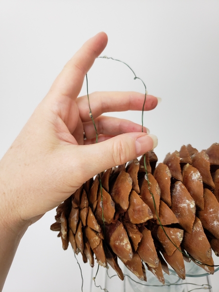 Loop the string light so that you can weave it through the pinecone