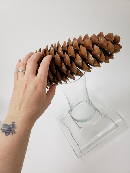 Securely balance a large pinecone on the vase