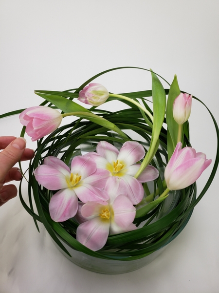 Continue to interweave blades of grass around the tulips