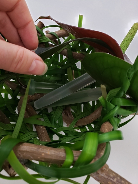 Place a few anthuriums and foliage in water tubes and nestle them into the basket