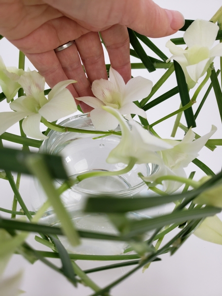 Place the dendrobium orchids into the vase