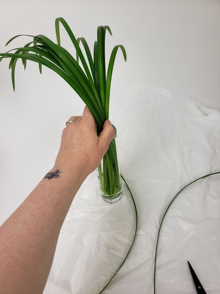 Slip a small bunch of lily grass into the container