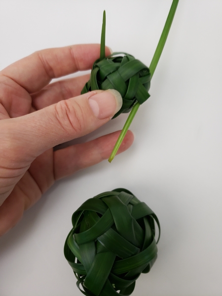 Use a long blade of grass to attach the two grass balls