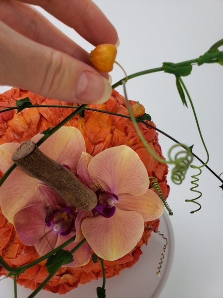 Glue a few tiny physalis pods to the vine