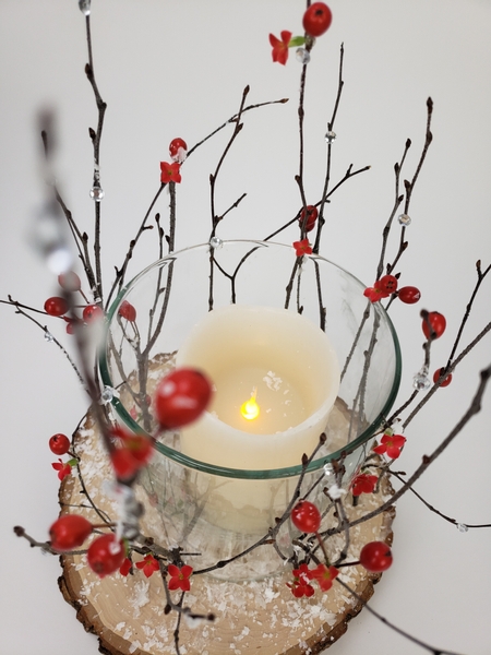 Holly berry and Kalanchoe flower twig lantern for a flameless candle