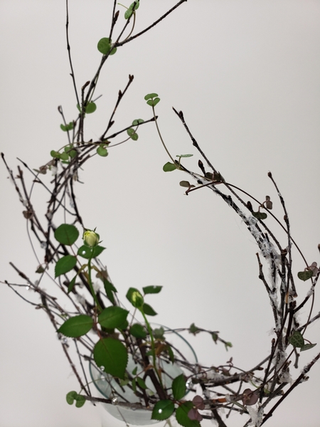 Frame rose stems with a twig armature for a delicate winter floral display