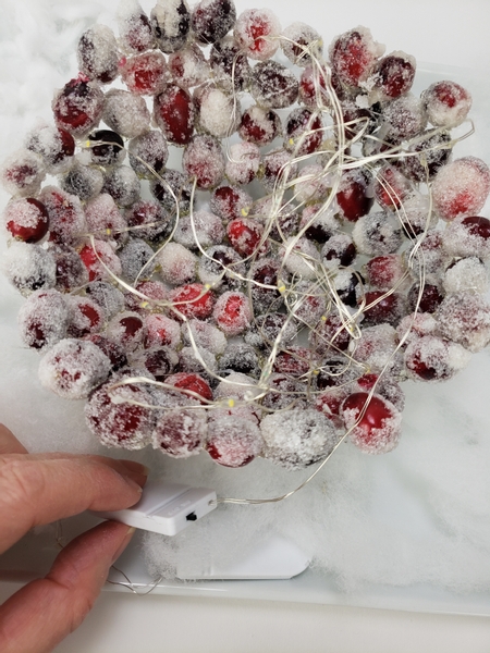 Roll the fairy lights into a ball and place it in the cranberry bowl