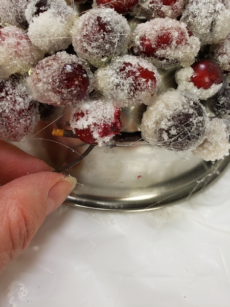 Stop short of covering the entire bowl shape with berries to leave a gap for a twig band all around