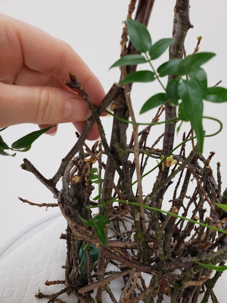 Glue the water tube into the basket and weave the vine through and up to the handle