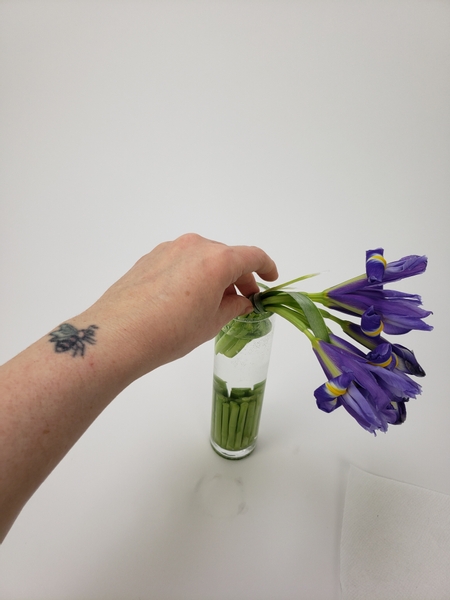Set the iris flowers in the bud vase to curve over the side with the knot end dramatically pointing up