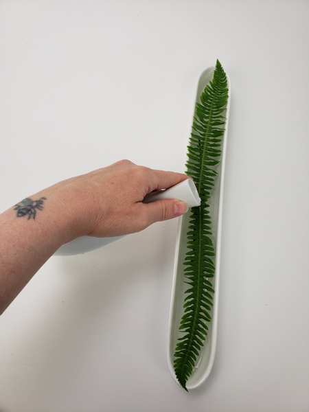 Pour water into the container so that the ferns and flowers remain hydrated