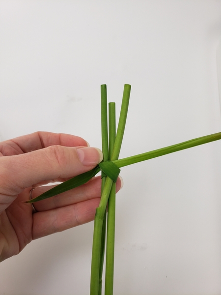 Use a blade of grass to knot the ends of the stems to latch it together