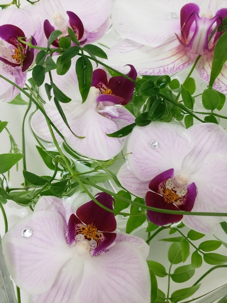 Displaying orchids in a water filled vase for summer centerpieces