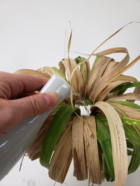 Carefully lift up the dangling gladiolus foliage to fill the vase with water