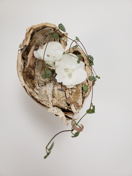 Craft a heart out of birch bark to nestle extraordinary pure white Phalaenopsis orchids in for Valentines day
