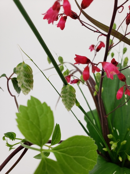 Adding pretty quaking grass stems to a flower arrangement