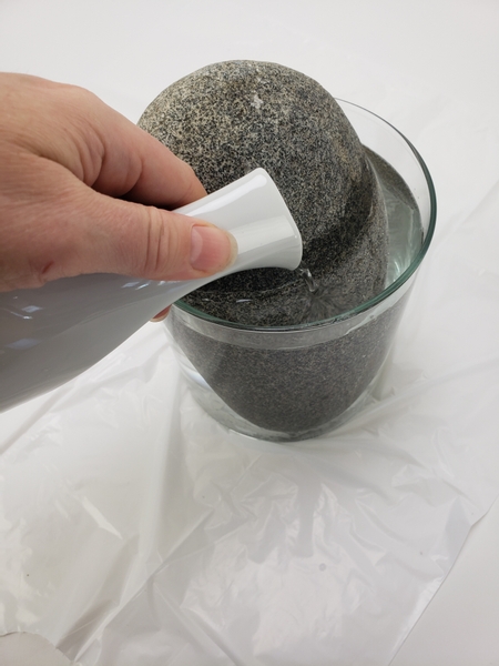 Pour some water to fill the container around the pebble