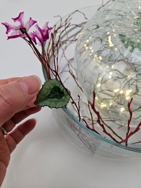 Add in a few cyclamen leaves in between the twigs