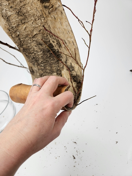 And glue it all the way around the inside of the bark to follow the scroll curve