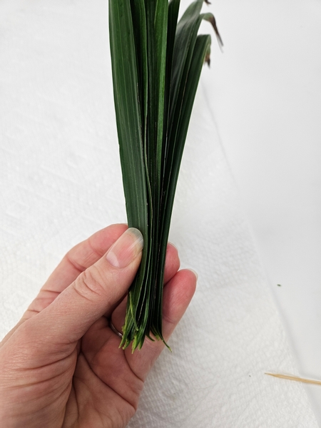 Hold the stack of palm leaflets tightly