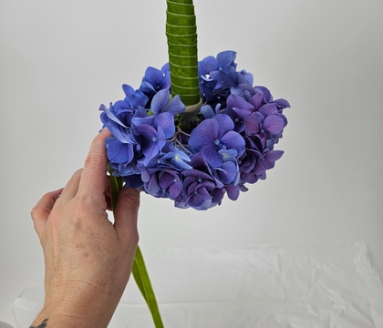 Hydrangea pomander with just a hint of pumpkin in its ribbon layered to hide a secret (refillable) water source